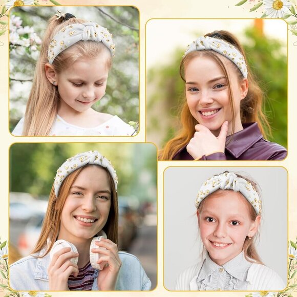 Daisy Jeweled Knotted Headband - Rhinestone Crystal Beads Embellished Headband W - Picture 4 of 6